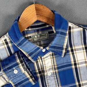 LL Bean Shirt Mens Medium Blue Plaid Outdoor Nature Vintage USA Made 90s